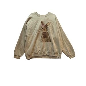 Raisin Arrows Bunny Graphic Sweatshirt 2XL Beige Oversized Leopard Print Bow